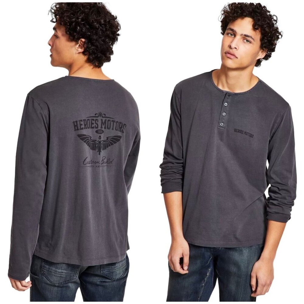 Heroes‎ Motors Mens Size XXL Grey Long Sleeve Henley Graphic Shirt NWT NEW